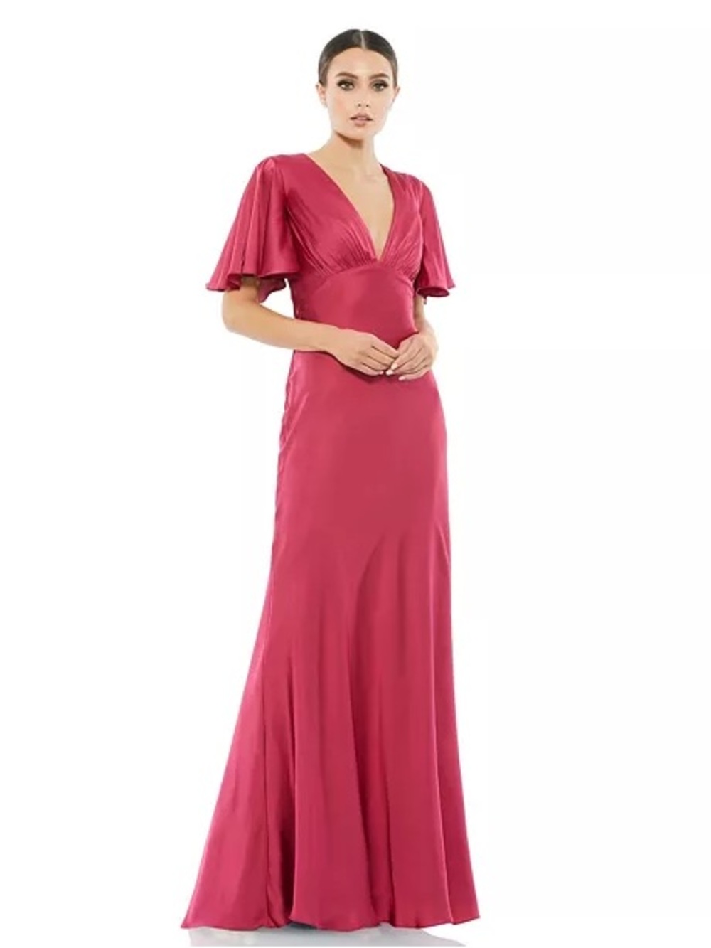 Mac Duggal Ieena Flounce Sleeve V Neck Trumpet Gown Raspberry Red 14